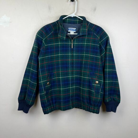 Vintage 90s Pendleton Womens 100% Wool Plaid Bomber Jacket Blue Green Size S - Picture 1 of 6